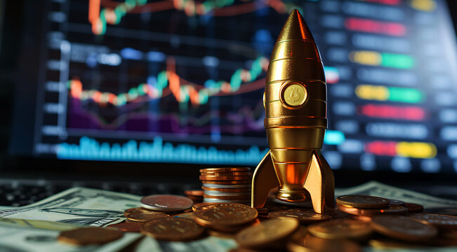 Golden rocket on pile of gold coins and US dollar bills On the background of the stock market screen business idea	