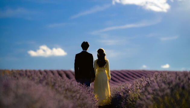 Couple on a date in a lavender field, blurred and easy to use image.