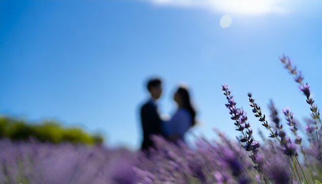 Couple on a date in a lavender field, blurred and easy to use image.