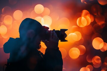 Photographer silhouette blending with flashing lights and camera lens - obrazy, fototapety, plakaty