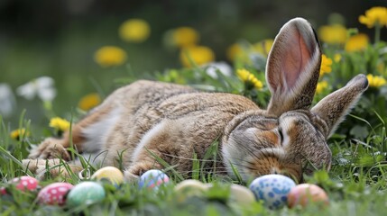 Fototapeta na wymiar cute easter bunny rabbit sleeping surounded by easter eggs