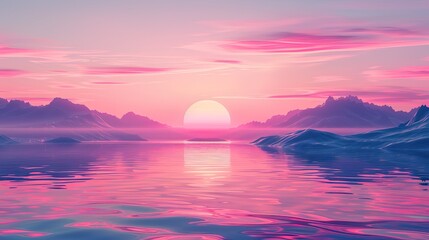 Pink sunset reflection on calm water scene - obrazy, fototapety, plakaty