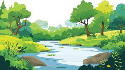 beautiful river flows near the forest .. Flat vector