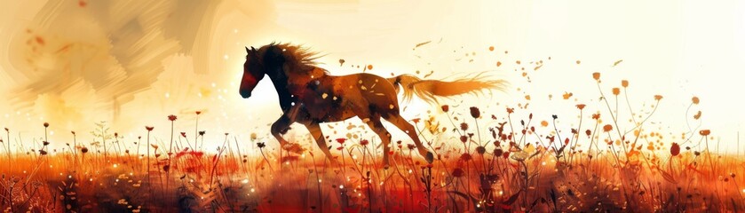 Silhouette of a horse running with wildflowers and fields