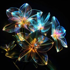 Digital art showcasing a cluster of flowers with a neon glow and holographic finish against a stark black backdrop, evoking a sense of fantasy.