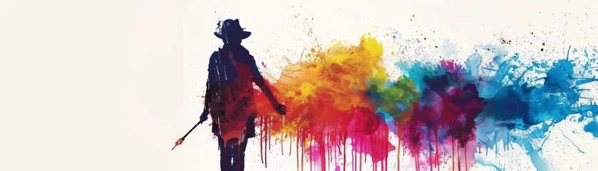  Silhouette of a painter with a burst of colorful paint splashes © Anuwat