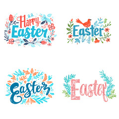 Hand drawn Happy Easter greeting lettering set, vector text, cute red bird in flowers and green leaves, sketch colorful illustration isolated on white backdrop festive title for design holiday postcar