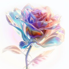 An artistic representation of a rose with a colorful holographic effect on a white background, conveying a modern, digital aesthetic.
