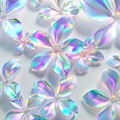 A delicate array of holographic flowers displaying a pastel iridescent sheen, neatly arranged on a white background for a serene visual experience.