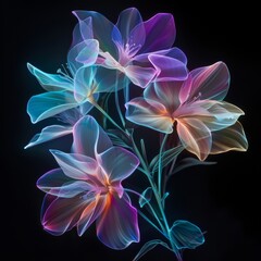 A collection of lilies enhanced with a neon iridescent effect seems to float ethereally against a dark, mysterious backdrop.