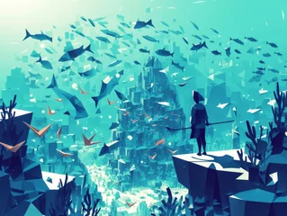 Rolgordijnen Underwater origami landscape, minimal aquatic paper scenes © Anuwat