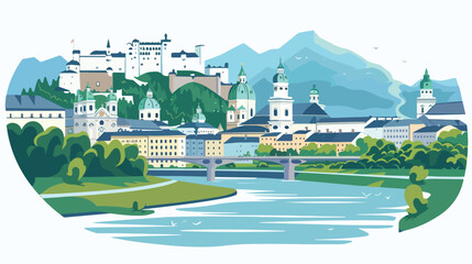 Beautiful view of Salzburg and Salzach river in summe - obrazy, fototapety, plakaty