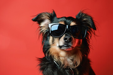 Small dog with sunglasses on red studio background