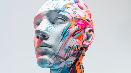 A colorful digital art piece depicting half a human face in a fragmented, abstract style.