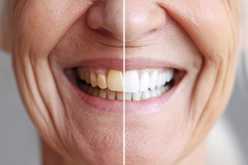 Comparison of a senior woman’s smile before and after teeth whitening