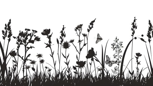 Black silhouettes of grass, flowers and herbs isolated on white background. Hand drawn sketch flowers and insects, Flower, garden grass field outline vector illustration Ai generated 