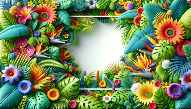 3D Lush Tropical Paradise with Vibrant Flowers and Leaves