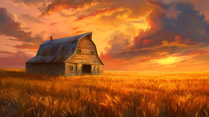 The first rays of the sun bathe an abandoned barn in a golden glow, highlighting the beauty of rural farm life