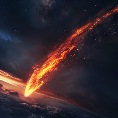 A fiery meteor rushing across the night sky, accompanied by a bright molten tail, captured on translucent material for effortless astronomical photography. - obrazy, fototapety, plakaty