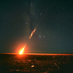 A fiery meteor rushing across the night sky, accompanied by a bright molten tail, captured on translucent material for effortless astronomical photography. - obrazy, fototapety, plakaty