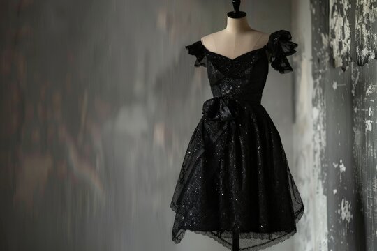 a highend elegant black cocktail dress on a manequin on a grey wall background