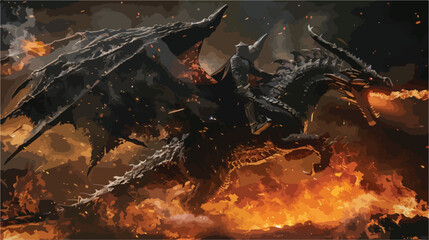 Giant dragon explode a fire breathe on a heroic medieval - obrazy, fototapety, plakaty