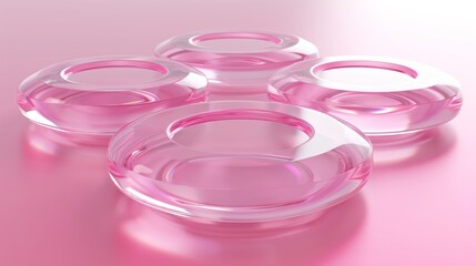 Obraz na płótnie Canvas A series of translucent pink glass rings with a glossy finish displayed on a reflective pink background, symbolizing elegance and modern design.
