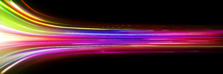 Speed light effect, fast dynamic line background. Night car race trail graphic. Flare streak action bright long exposure. Yellow and red data and network design. Modern neon gradient tail concept