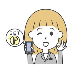 スマホでポイントを貯めるスーツ姿の女性　上半身　イラスト