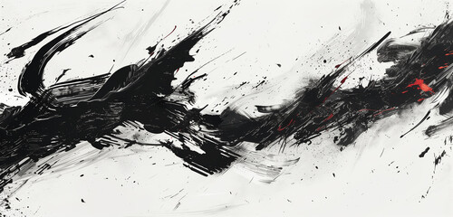 Abstract black with generative AI splashes, paints, brushstrokes, and stains on a white background in a Japanese style.