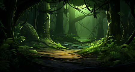 a fantasy green forest in early afternoon