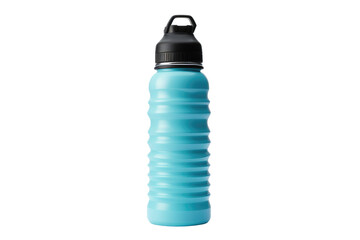 A blue water bottle with a black lid is placed on a table, reflecting the light. The bottle is sleek and modern in design. Isolated on a Transparent Background PNG. - obrazy, fototapety, plakaty