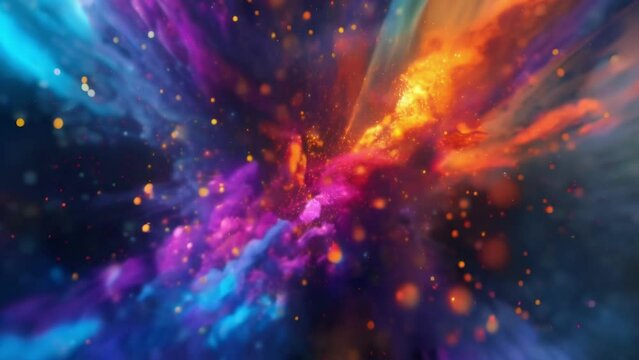 An intense explosion of neon energy leaving behind a trail of brilliant colored particles that seem to vibrate with energy.