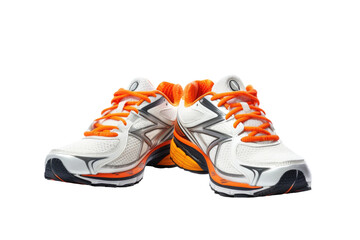 A pair of white and orange running shoes placed on a gray surface. The shoes have a breathable mesh upper and cushioned midsole. Isolated on a Transparent Background PNG.