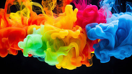  Colorful splash. Liquid and smoke explosion of colors on dark background,. Abstract pattern....