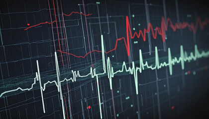 Heartbeat line transforming into a digital AI code, AI role in real-time patient monitoring and heart health management colorful background