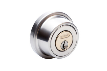 A stainless steel door knob with a keyhole, commonly used for locking and unlocking doors. The knob shows signs of regular user. Isolated on a Transparent Background PNG. - obrazy, fototapety, plakaty