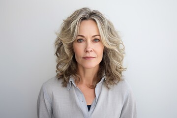Portrait of a beautiful mature businesswoman with grey hair looking at the camera.