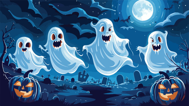 Halloween background with pumpkin ghosts running joyful