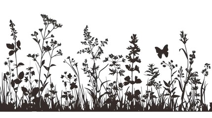 Black silhouettes of grass, flowers and herbs isolated on white background. Hand drawn sketch flowers and insects, Flower, garden grass field outline vector illustration Ai generated  - obrazy, fototapety, plakaty