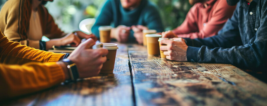 Close up image of a group cafe meeting