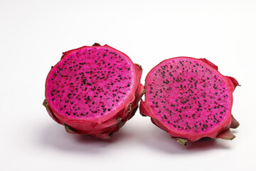 Ruby red exotic cactus dragon fruit whole cut half on white background - 768479719