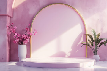 Round shape pink podium with golden backdrop generative by ai