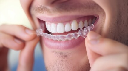 Young Caucasian man inserting a dental aligner. Close-up view. The magic of an aligner, shaping a captivating smile.