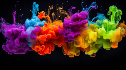  Colorful splash. Liquid and smoke explosion of colors on dark background,. Abstract pattern. Horizontal banner