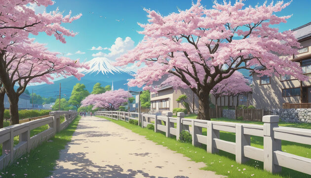 Anime-style illustration scenery of cherry blossoms in full bloom and a school colorful background