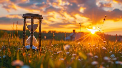 Time running out ,Hourglass on the background of a sunset. The value of time in life. Concept of time saving, retirement and time, Time is precious. Time cannot be turned back.