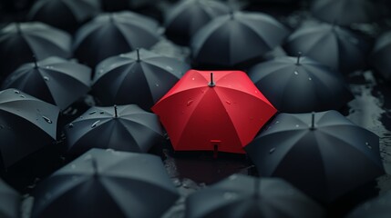A red umbrella pops against a sea of uniform gray ones, symbolizing uniqueness and individuality.