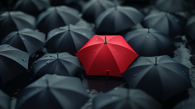 A red umbrella pops against a sea of uniform gray ones, symbolizing uniqueness and individuality.