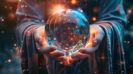 People hold crystal balls to predict the future. or predicting what will happen - obrazy, fototapety, plakaty